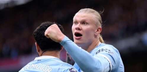 PREMIER LEAGUE : MAN CITY VS BRENTFORD – 09/05/2026 (PHOTO – HAALAND AND MARMOUSH CELEBRATE)