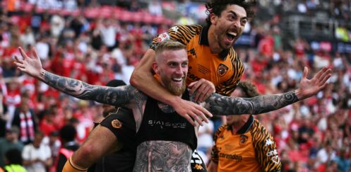 CHAMPION PROMOTION PLAY-OFFS:  HULL CITY VS MIDDLESBROUGH  (PHOTO – OLI MCBURNIE CELEBRATES)