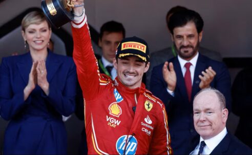Charles Leclerc Wins The Monaco Grand Prix 2024  (Photo – Charles Leclerc Celebrates On The Podium With Princess Charlene and Prince Albert)