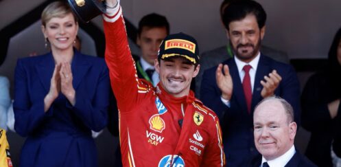 Charles Leclerc Wins The Monaco Grand Prix 2024  (Photo – Charles Leclerc Celebrates On The Podium With Princess Charlene and Prince Albert)