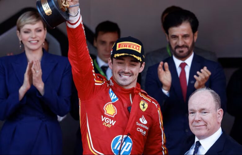 Charles Leclerc Wins The Monaco Grand Prix 2024  (Photo – Charles Leclerc Celebrates On The Podium With Princess Charlene and Prince Albert)