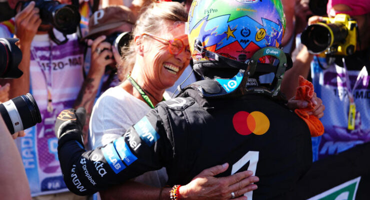 LANDO NORRIS TAKES POLE IN QUALIFYING IN MADRID!   (PHOTO – LANDO NORRIS CELEBRATES WITH HIS MUM CISCA AFTER HIS POLE WIN!)