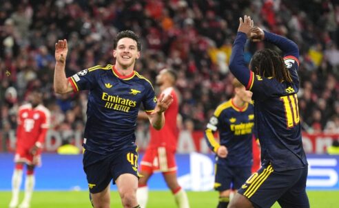 UEFA CHAMPIONS LEAGUE : WEDNESDAY – 22/10/2026  (PHOTO – DECLAN RICE CELEBRATES)